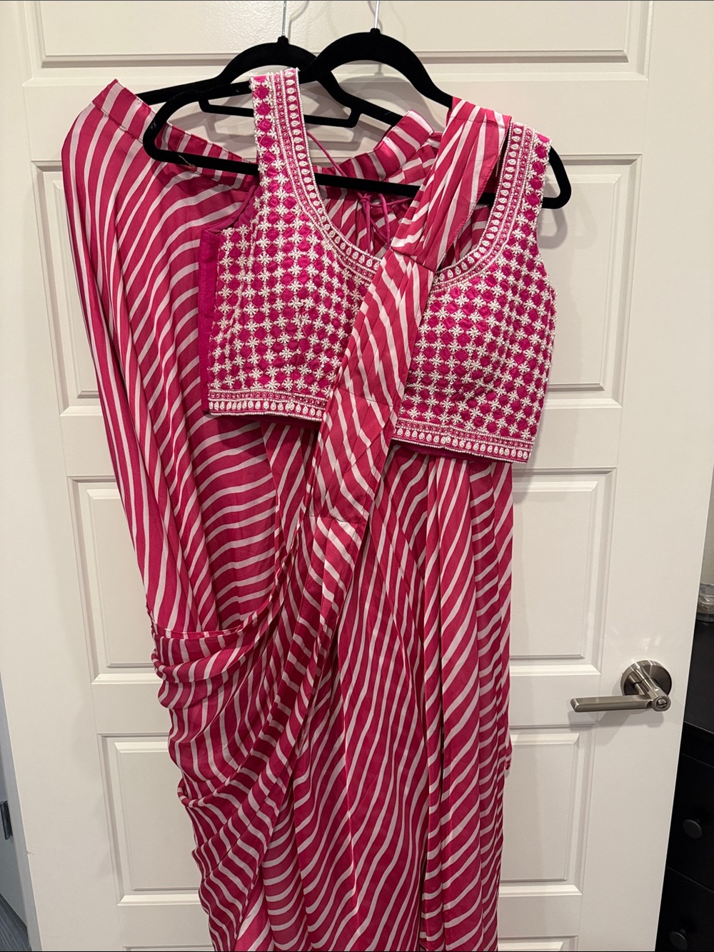 Women’s Pink Striped Embroidered Top and Drape saree set palazzo pants